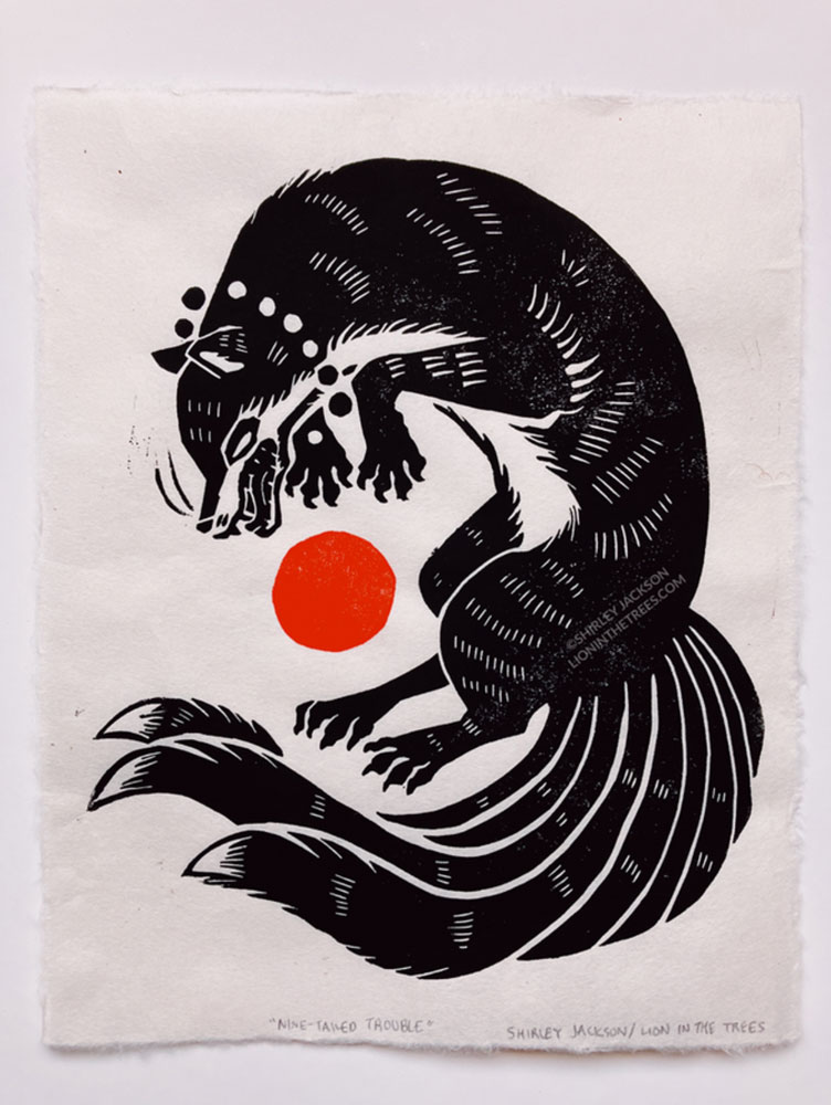 A linoblock print featuring a a black kumiho leaping down towards a red sun.
