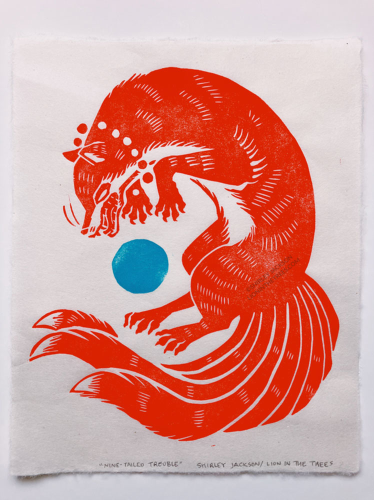 A linoblock print featuring a a red kumiho leaping down towards a turquoise sun.