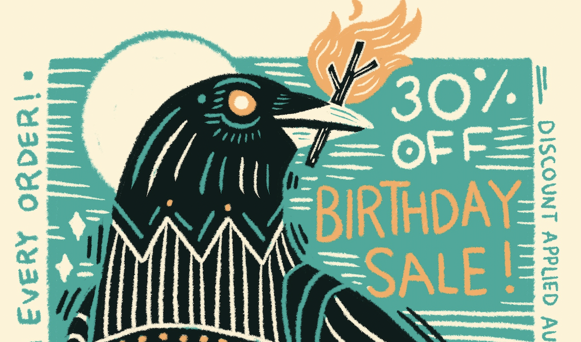 Close up crop of my birthday image that features a digital drawing of a crow holding a stick on fire.