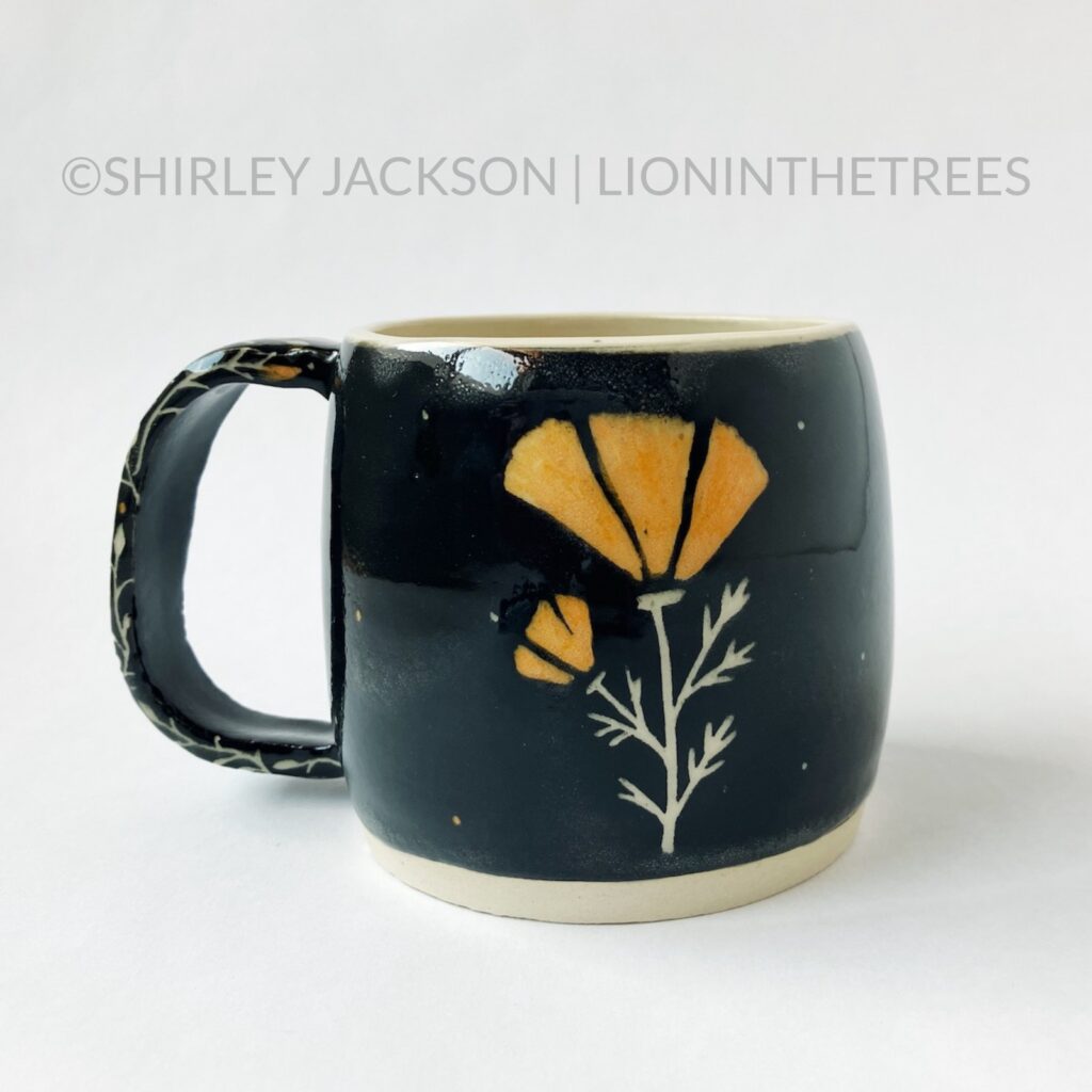 Black View - Ceramic sgraffito mug with black and orange underglaze featuring my Barn Swallow motif. The back features a California Poppy.
