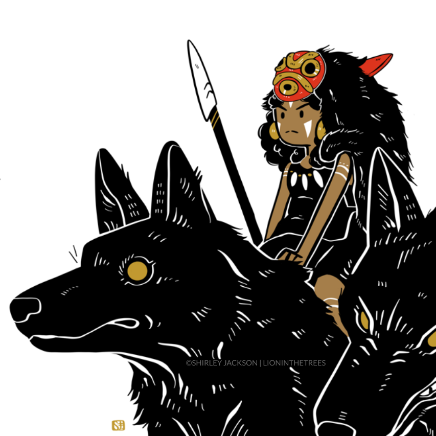 Digital illustration featuring San from Princess Mononoke but if she were a Black woman. She's dressed all in black with black furs and is sitting on top of a large black wolf with another to her side.