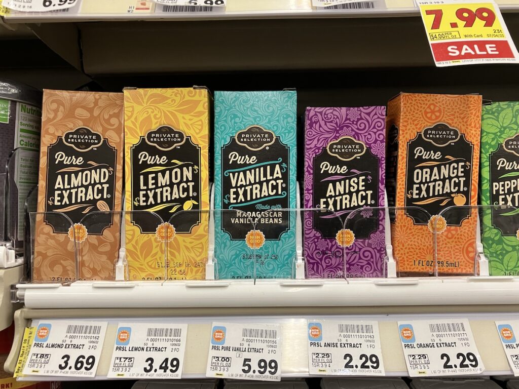 A photo showing a row of Private Selection brand pure extracts for baking. Each box has these lovely illustrative flourishes and a handdrawn typography feel. Each box's colour also corresponds to the extract itself (almond is brown, lemon is yellow, etc).