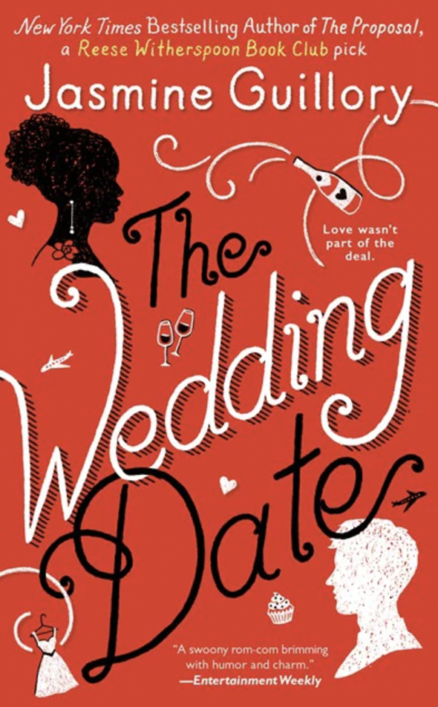 Cover for The Wedding Date by Jasmine Guillory. It's a red cover with hand drawn typography, and silhouette portraits of a Black woman done in black, and a man done in white. There are also illustrations of airplanes, wine, a dress, and a cupcake.