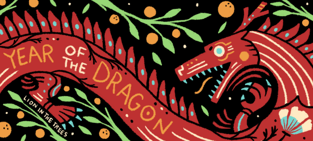 Stylised digital drawing of a red dragon against a black background done similar to my sgraffito pieces. You can see the hint of a California Poppy motif and "Year of the Dragon" is written into the side of the dragon. And it's surrounded by green branches and oranges.