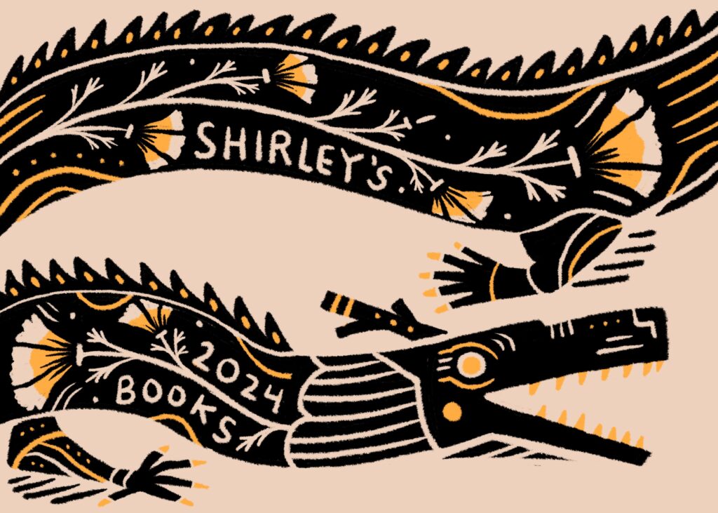 Digital illustration of a black lung dragon done in my sgraffito style that has California Poppies etched into the side of it's body. It also reads, "SHIRLEY'S 2024 BOOKS" on it's body