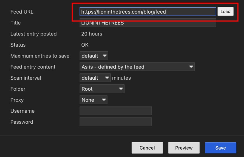 Screen shot of how to create a feed using a wordpress blog's website. The feed URL box has been highlighted with a red rectangle showing the viewer what the end of the URL should look like.