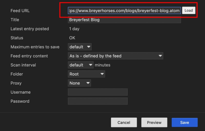 Screen shot of how to create a feed using a shopify blog website. The feed URL box has been highlighted with a red rectangle showing the viewer what the end of the URL should look like.