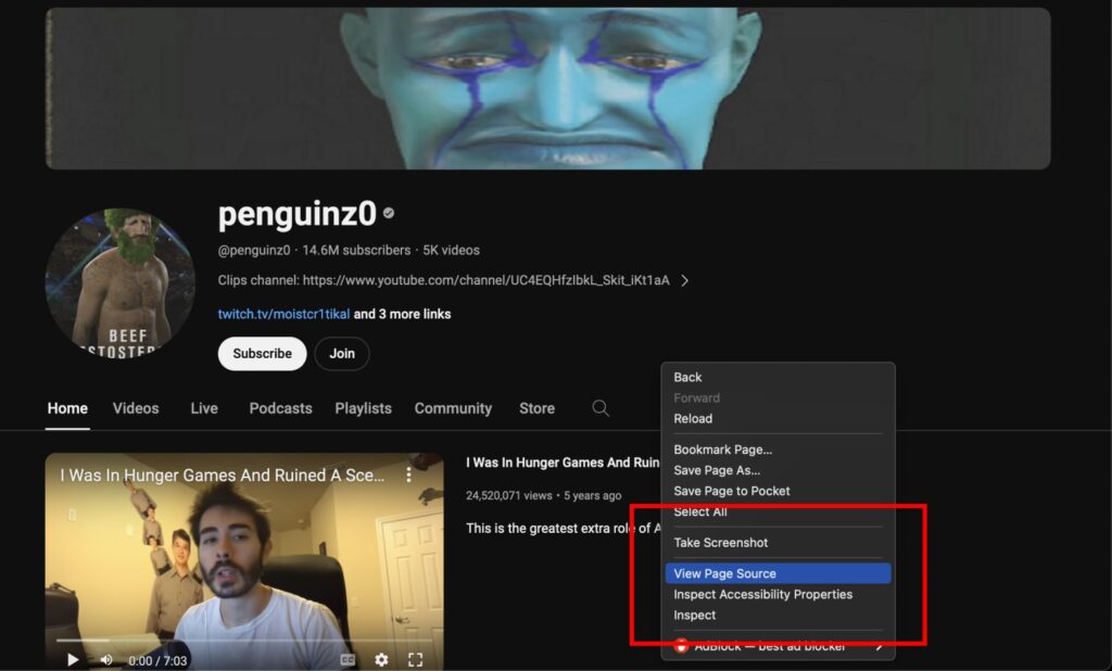 Screen shot of Charles aka Moist Critikal's youtube home page. I've right-clicked on the page which brings up a menu and the red rectangle box is shown to highlight the "View Page Source" one needs to click on.
