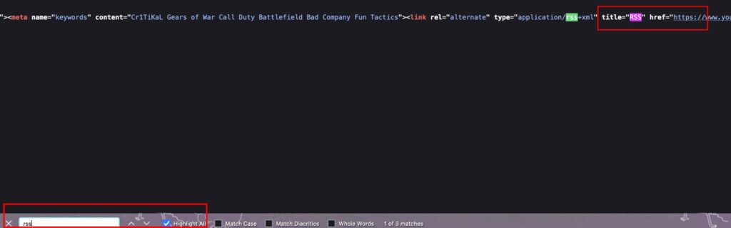 A red rectangle box has been used to highlight the ctrl+F "rss" search, along with the highlighted "RSS" that is shown in search of the RSS feed URL link amidst all of the other jumble of coding in the page source necessary to create the RSS feed.