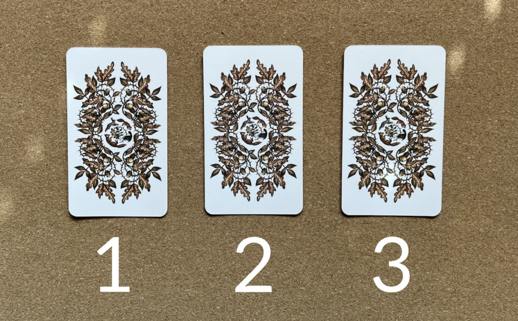 A photo that shows the back of three tarot cards lined up horizontally from one another. Below each card is a corresponding number: 1, 2, and 3