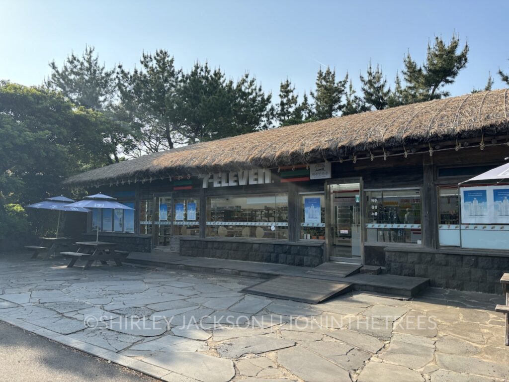 Photo of a 7-Eleven but the architecture is that of the village huts found in the folk village.