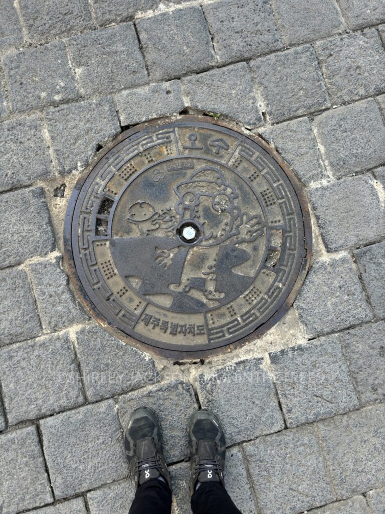 A photo of a manhole cover found on Jeju Island featuring what appears to be a humanised character of the dol hareubang