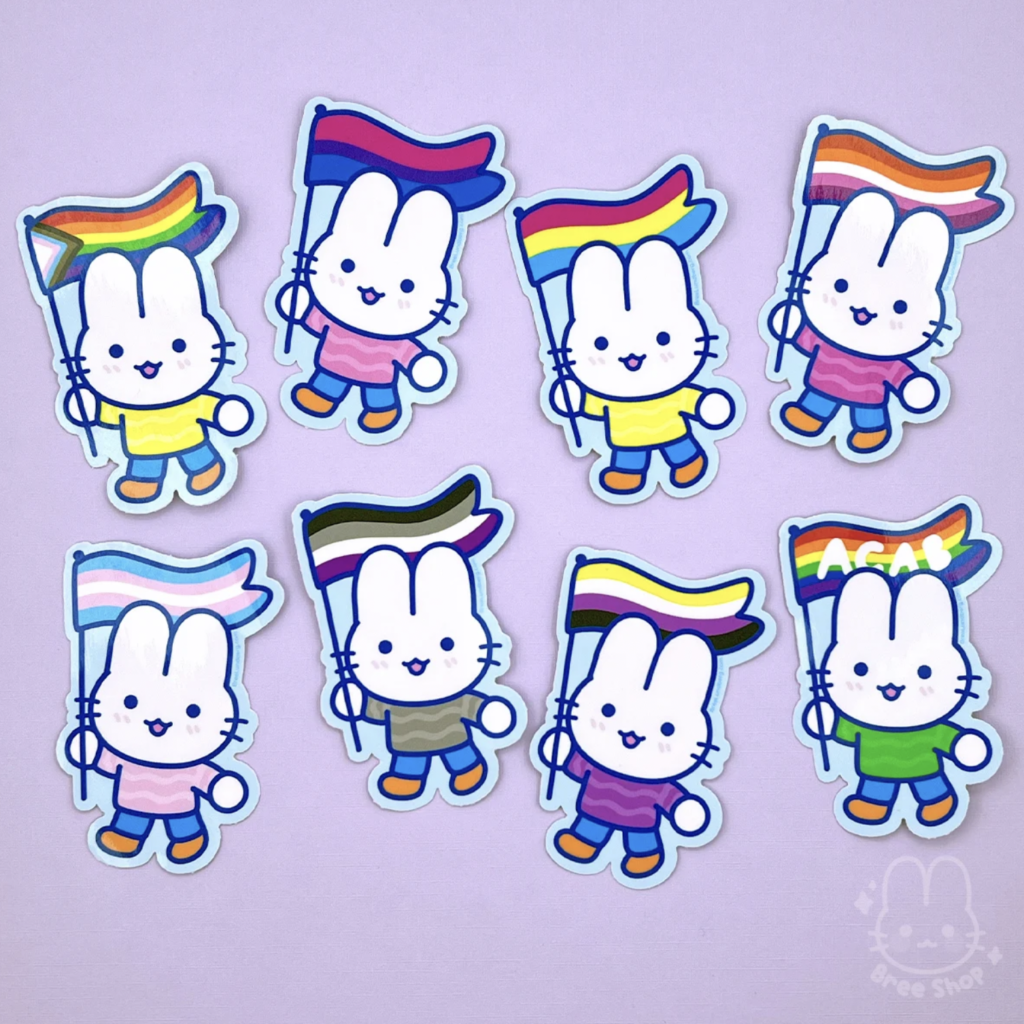 A selection of cute bunny characters walking with their own series of PRIDE flags. Made by Bree Lundberg.