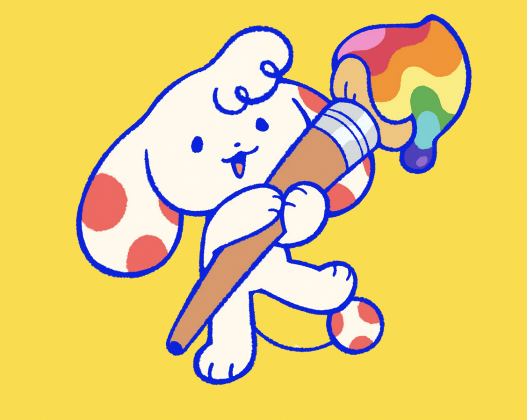 Mushroomy PRIDE collection mascot that is a cream coloured creature that resembles a dog. They're holding a paintbrush as big as their body that has rainbow coloured paint on it.