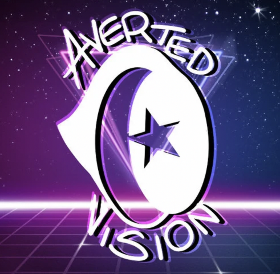 Averted Vision logo featuring their logo symbol of a crescent moon and star with a vaporwave background.