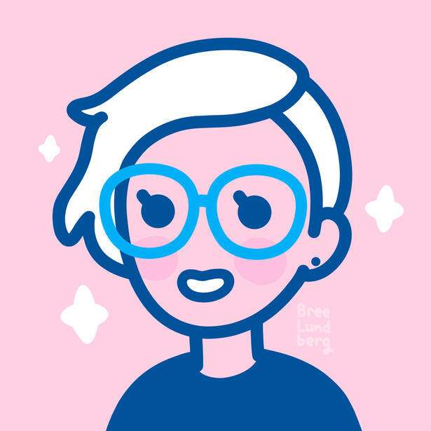 A digital illustration self portrait of Bree. She is wearing glasses and has white hair.