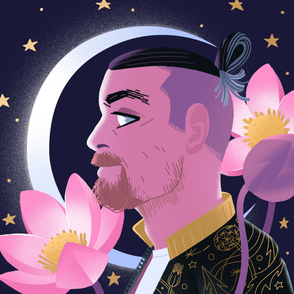 A digital illustration of the artist surrounded by flowers, stars, and a crescent moon in the background.