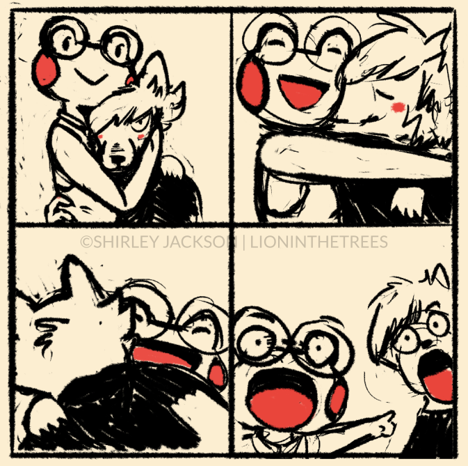 Sketch I drew resembling a four panel comic that I wanted to emulate a series of photos taken in a photo booth of my Froggy Girl with her Wolf Boyfriend engaging in various poses for each photo.