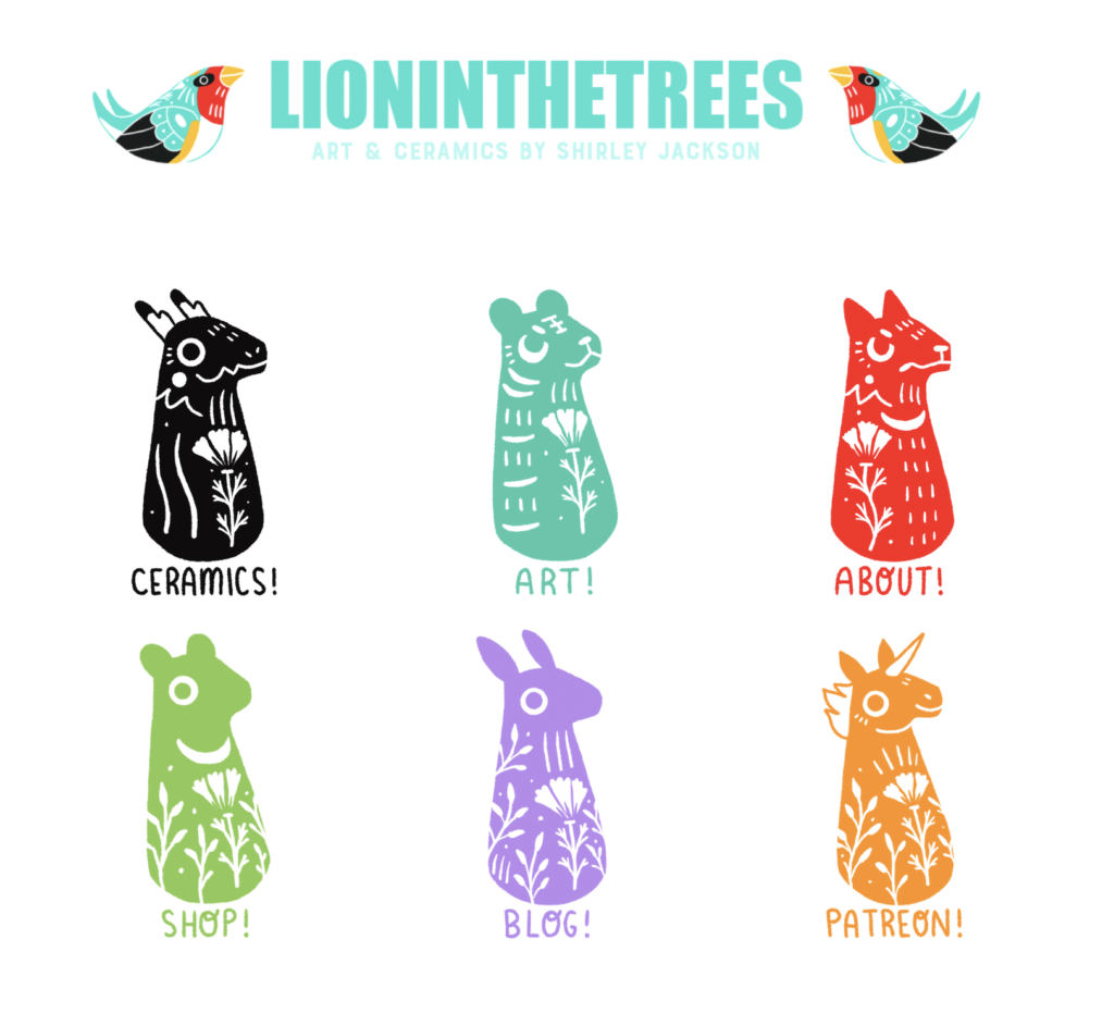 screen shot showing the front page layout of my newly updated website. There are 6 different animal totems in different colours to navigate across the site. There is a large banner at the top that says, "LIONINTHETREES art and ceramics by Shirley Jackson" with two of my Barn Swallow totems flanking the text.