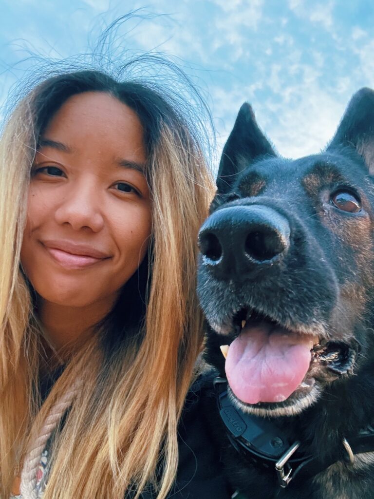 A worm's eye perspective photo of me and my dog