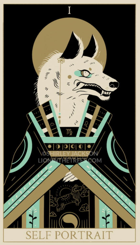 The Self-Portrait piece for the Maysia art prompt. The image shows a werewolf dressed in royal hanbok with a sun disk behind her head. The layout of the illustration mimics that of a tarot card. Colours are a metallic gold, turquoise, white, and black.