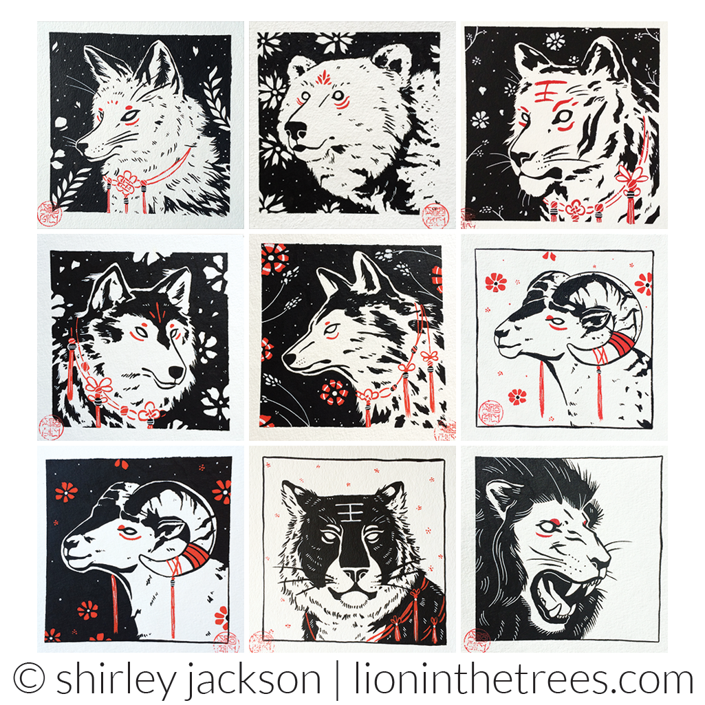 A collection of my 2016 inktober pieces. There are 9 drawings in a 3x3 grid. They were done with black ink on white paper with red acryla-gouache for extra pops of colour for details and markings on the animals. From left to right the images are: fox, bear, tiger, wolf, wolf, ram, ram, tiger, lion.