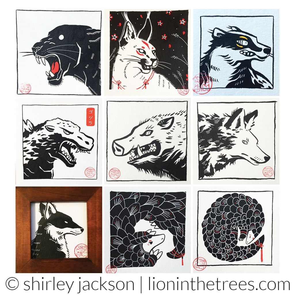 A collection of my 2016 inktober pieces. There are 9 drawings in a 3x3 grid. They were done with black ink on white paper with red acryla-gouache for extra pops of colour for details and markings on the animals. From left to right the images are: black panther, caracal, badger, Godzilla, boar, wolf, fox, pangolin, pangolin