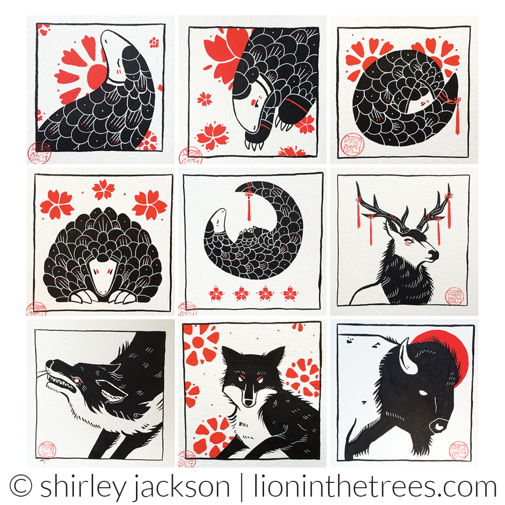 A collection of my 2016 inktober pieces. There are 9 drawings in a 3x3 grid. They were done with black ink on white paper with red acryla-gouache for extra pops of colour for details and markings on the animals. From left to right the images are: pangolin, pangolin, pangolin, pangolin, pangolin, elk, fox, fox, bison