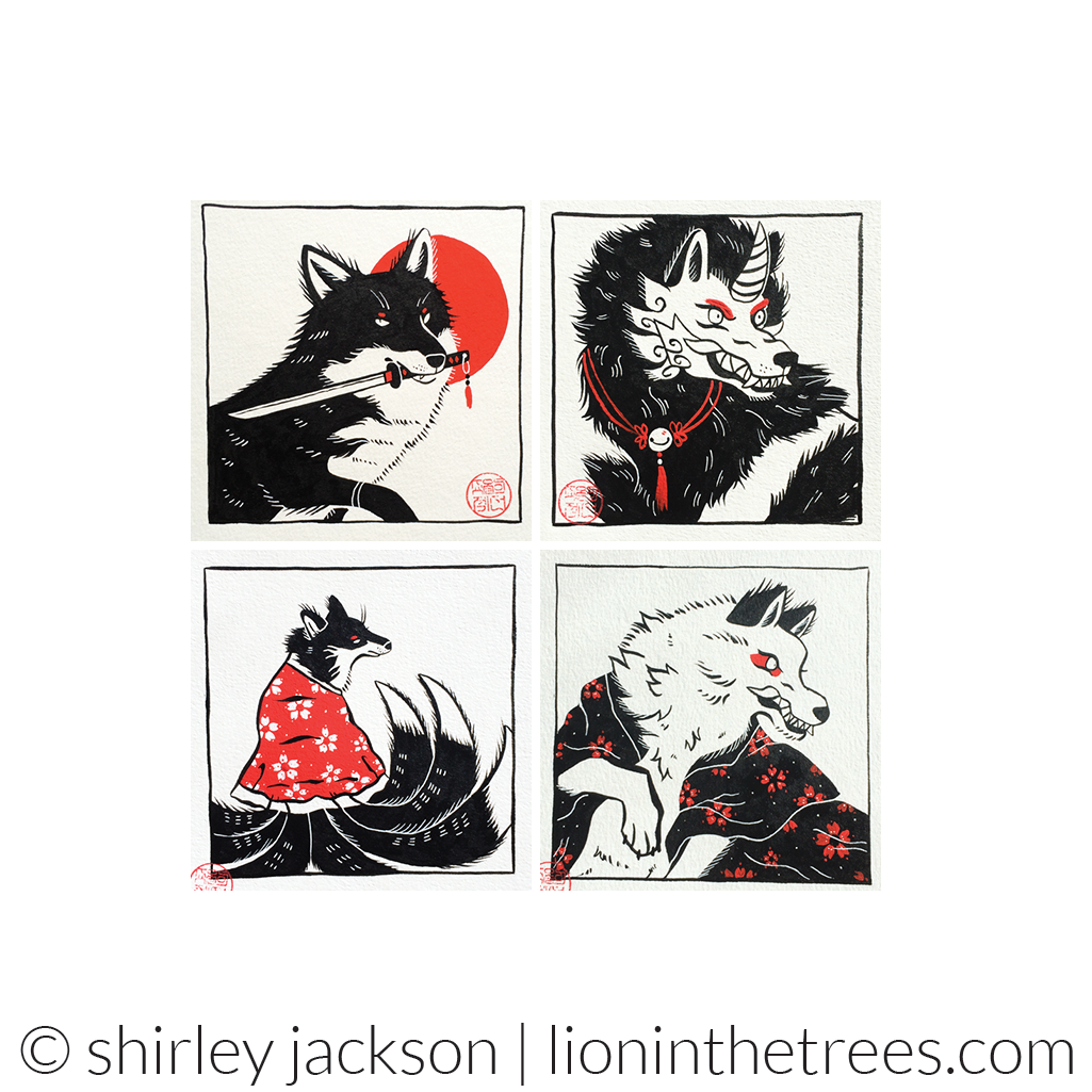 A collection of my 2016 inktober pieces. There are 4 drawings in a 2x2 grid. They were done with black ink on white paper with red acryla-gouache for extra pops of colour for details and markings on the animals. From left to right the images are: fox with a sword in it's mouth, haechi, kumiho, and a werewolf wearing a haori.