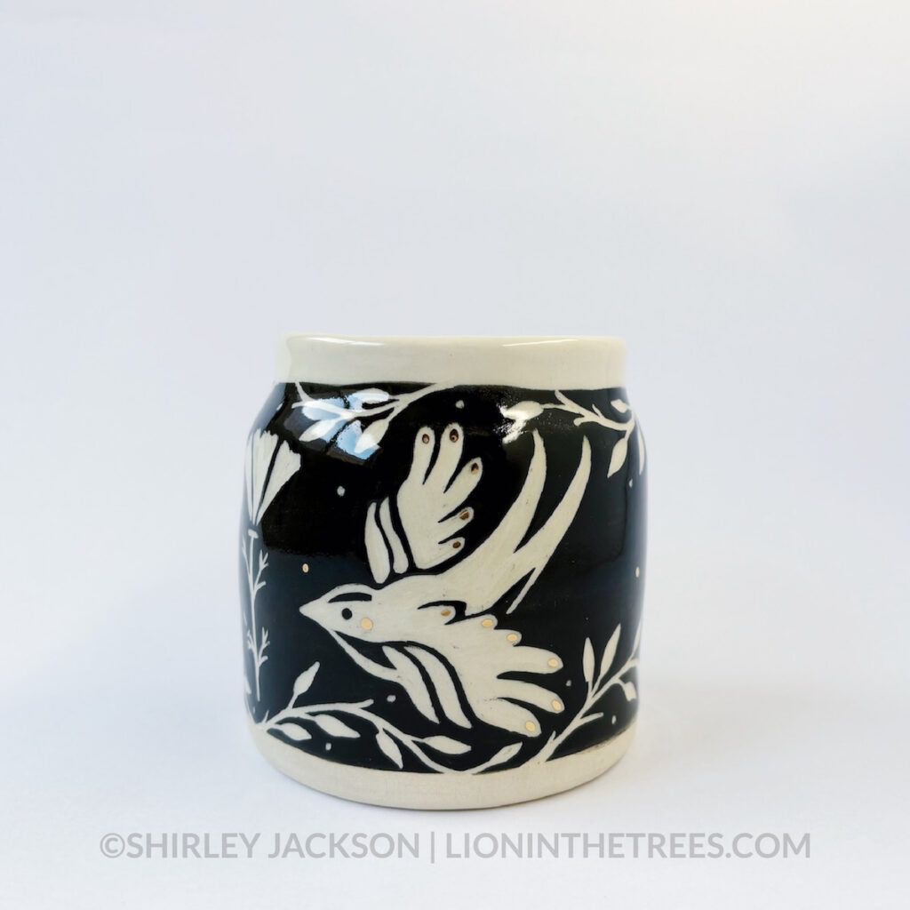 Large vessel done with black and gold overglaze details featuring my new Barn Swallow design motif and California Poppy motif.