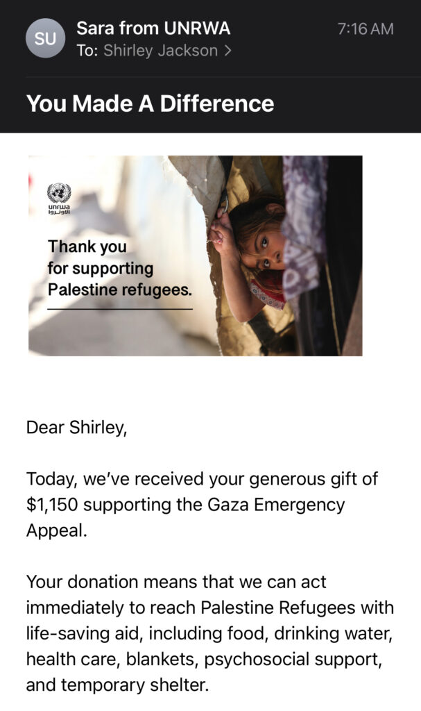 Screen shot of my email receipt from the UNRWA showing the $1,150 donation total we've made so far via my fundraiser.