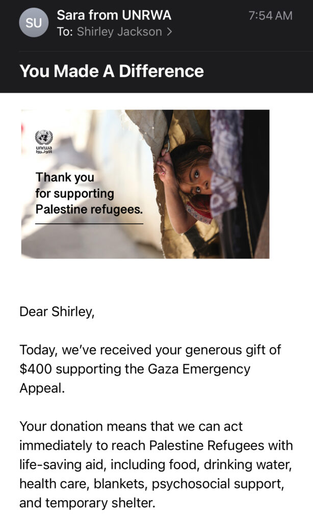 Screen shot of my email receipt from the UNRWA showing the $400 donation total we've made so far via my fundraiser.