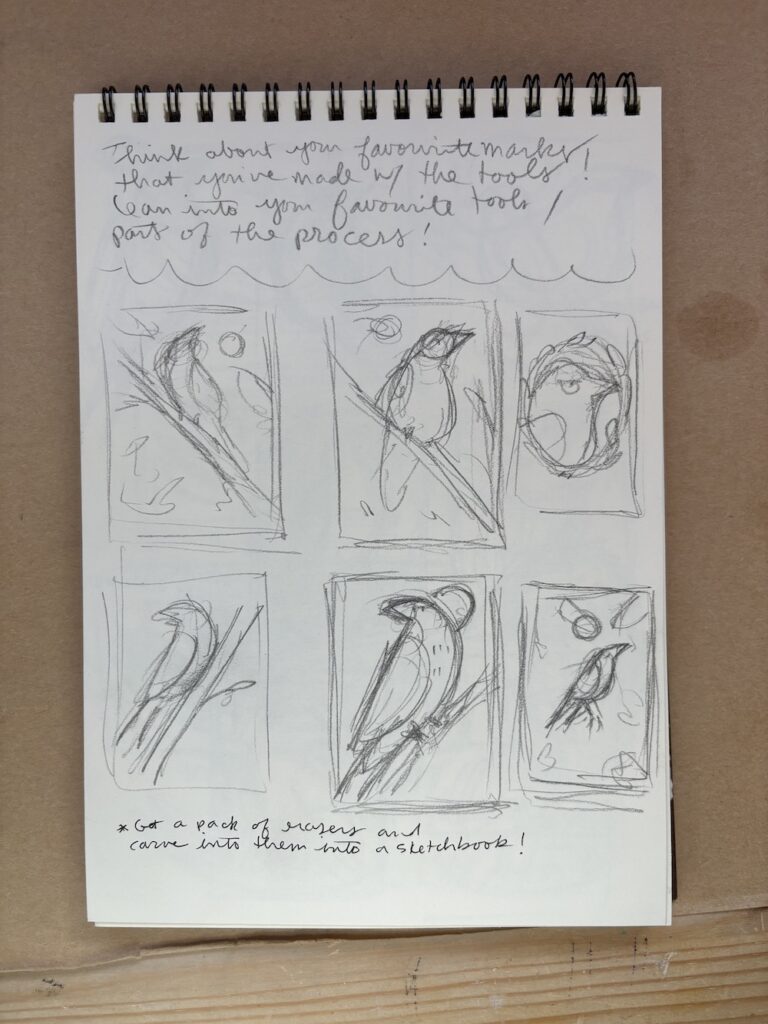 a photo of a sketchbook page showing various compositions featuring a bird figure