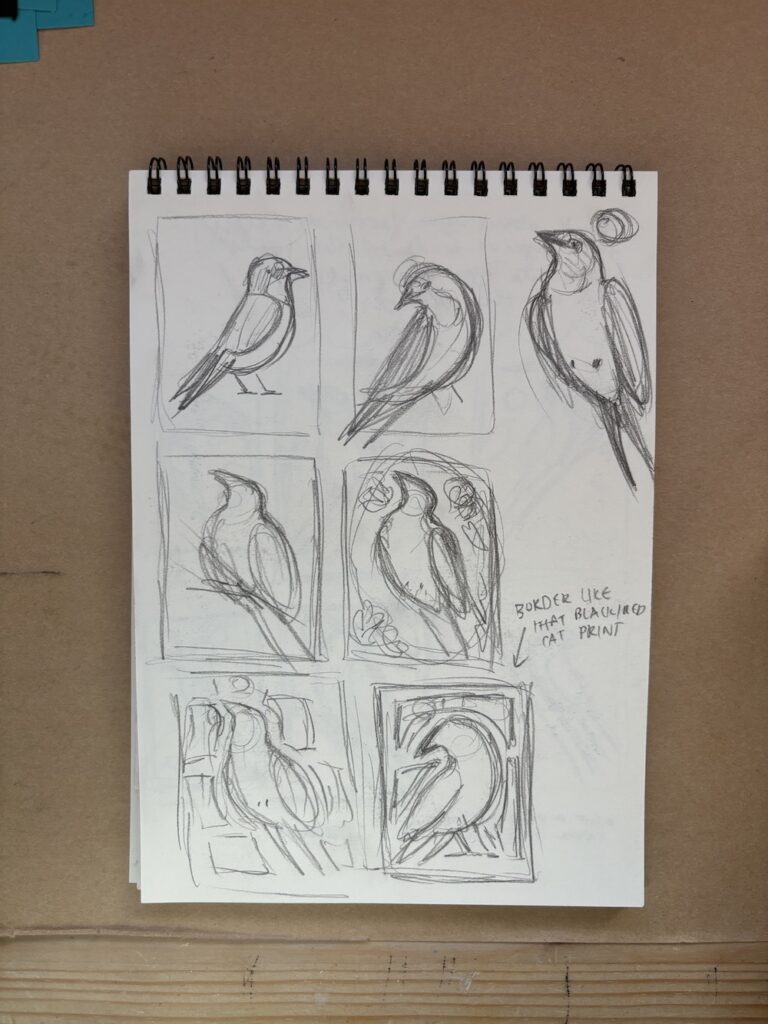 photo of a sketchbook page showing various composition sketches of a bird figure