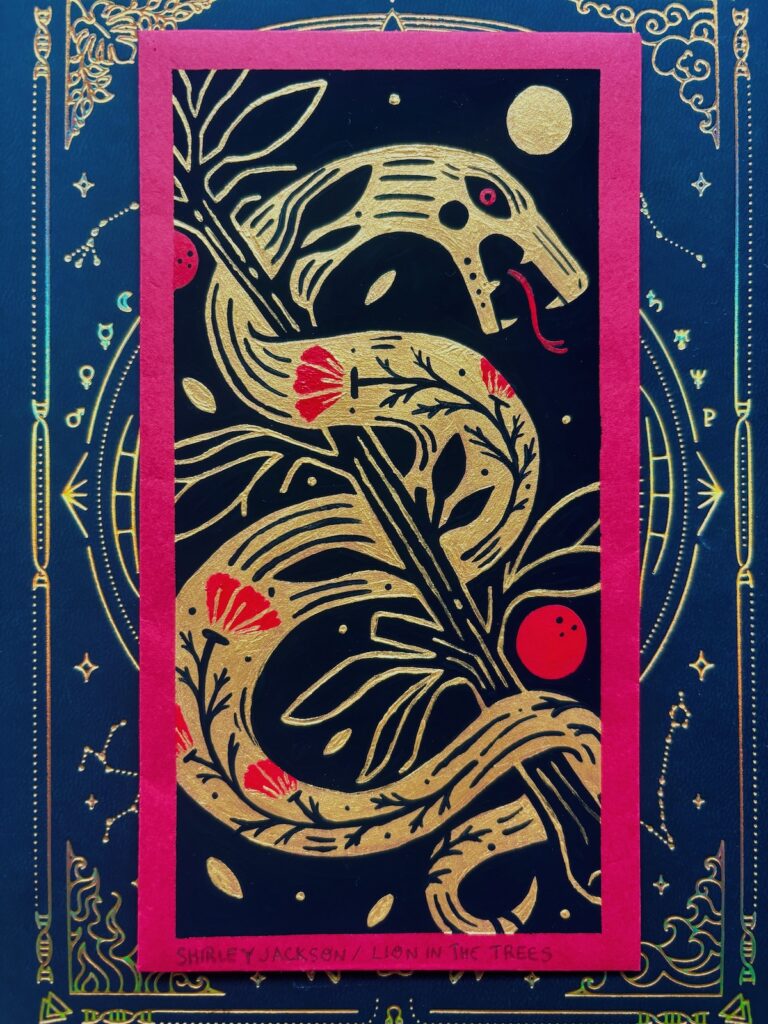 A vertical painting done with black, gold, and red paint on a red envelope used during Lunar New Year celebrations. The painting features a snake wrapped around an orange tree branch with California Poppies painted into it's body.