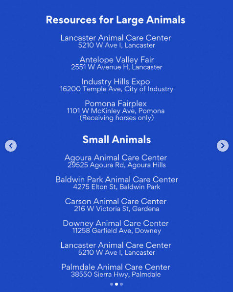 Screen capture of a message from pet food delivery company Chewy listing animal care resources in fire affected areas in California.