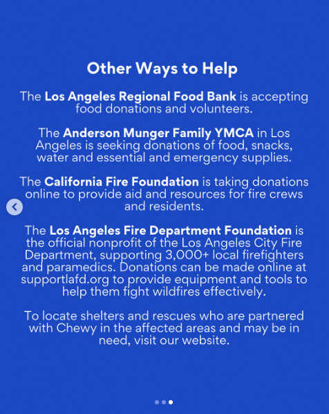 Screen capture of a message from pet food delivery company Chewy offering free vet consultations to those in areas affected by the fires in California.