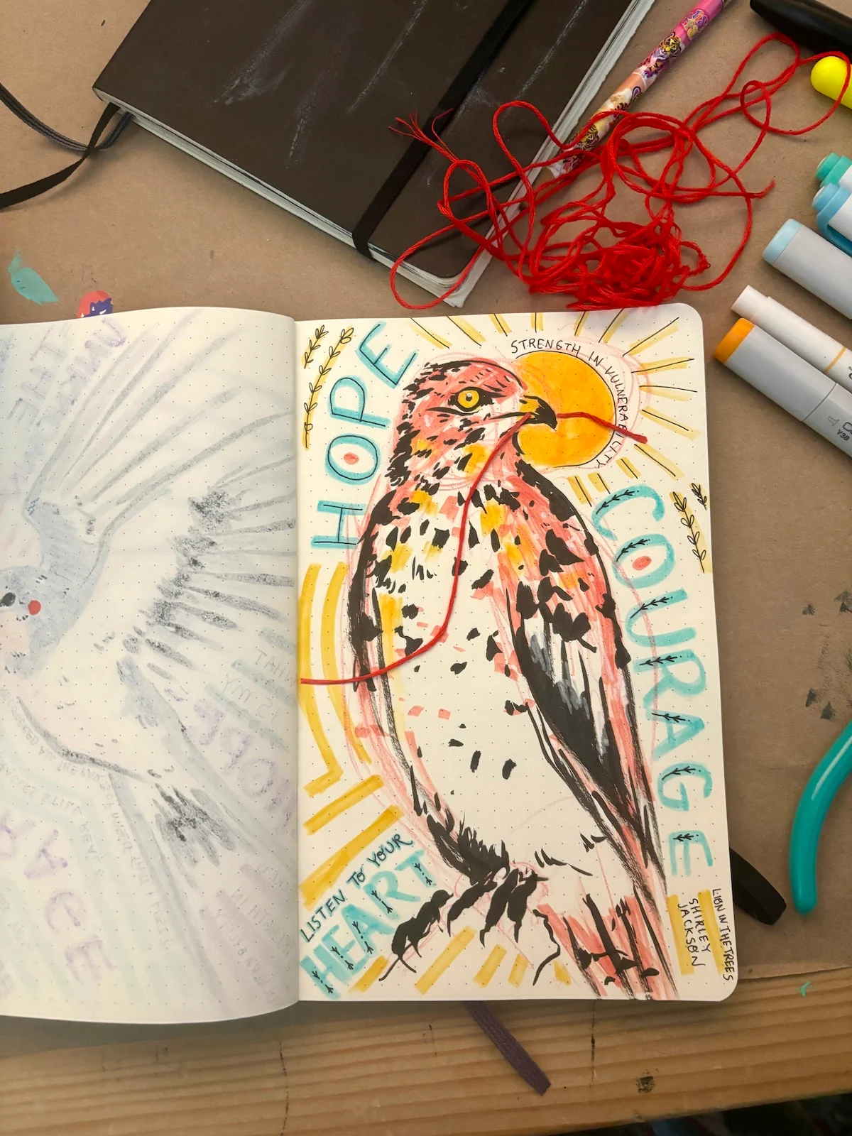 Marker and ink sketch of a Red Tailed Hawk proudly standing on a branch. The words 