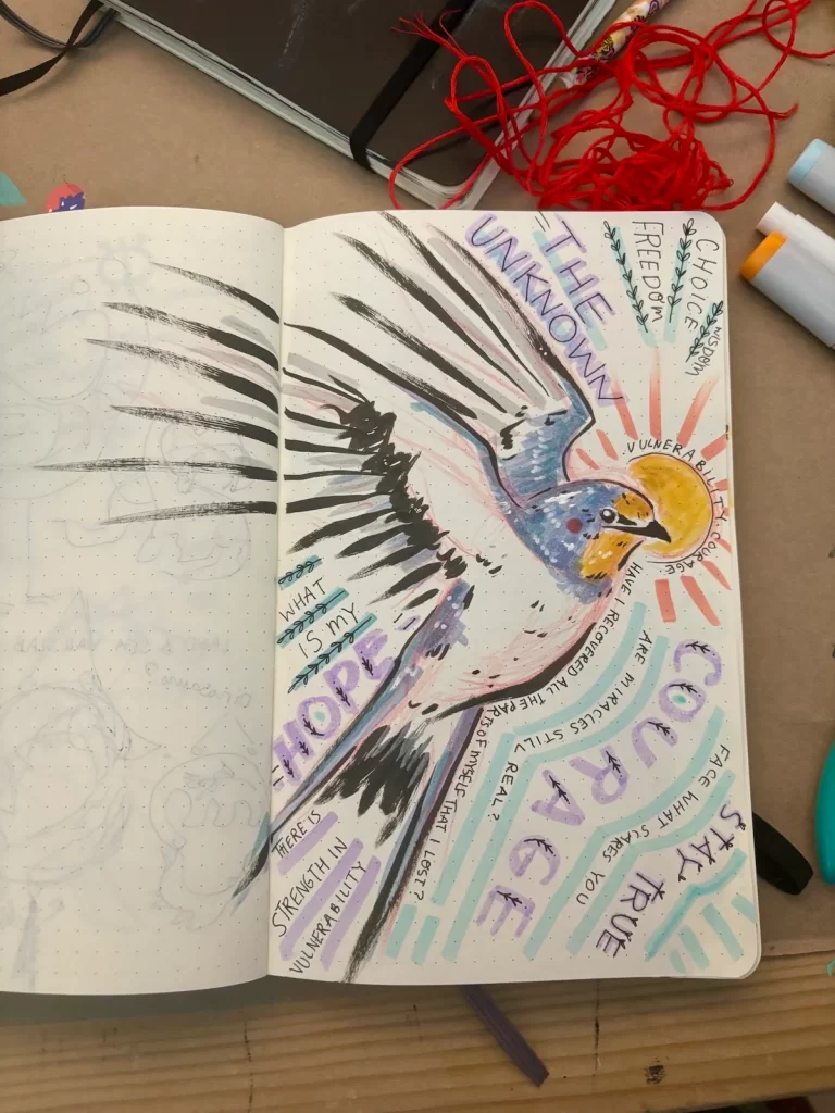 Marker and ink sketch of a barn swallow with a variety of words and phrases filling the gaps in the page