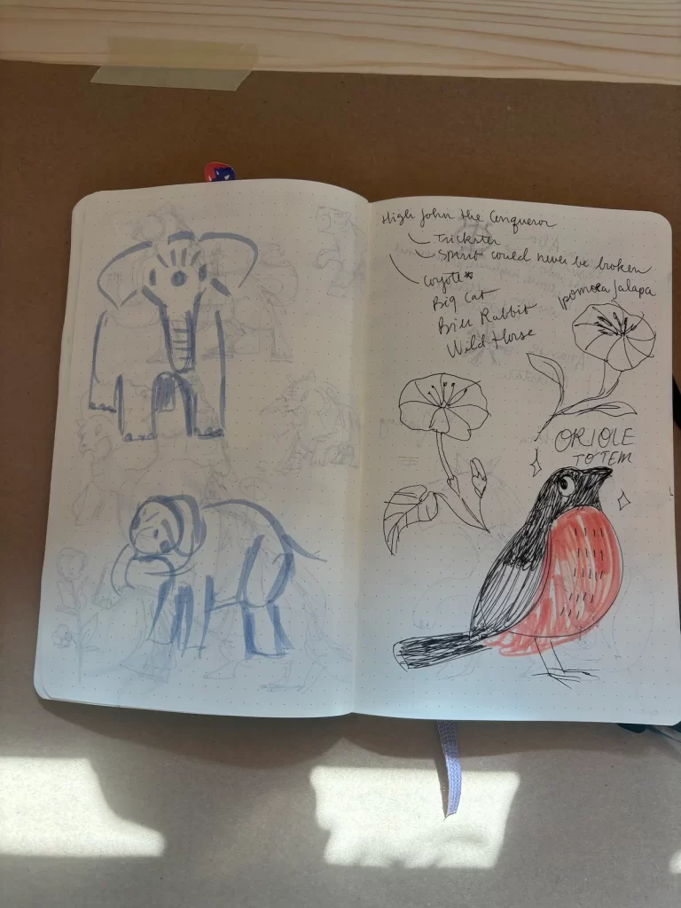 Rough sketches of a baby elephant, an Oriole totem, and some notes about High John the Conqueror