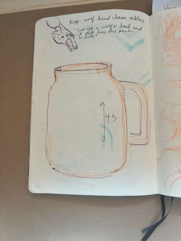 Rough sketch of a cup and a wolf head pendant necklace