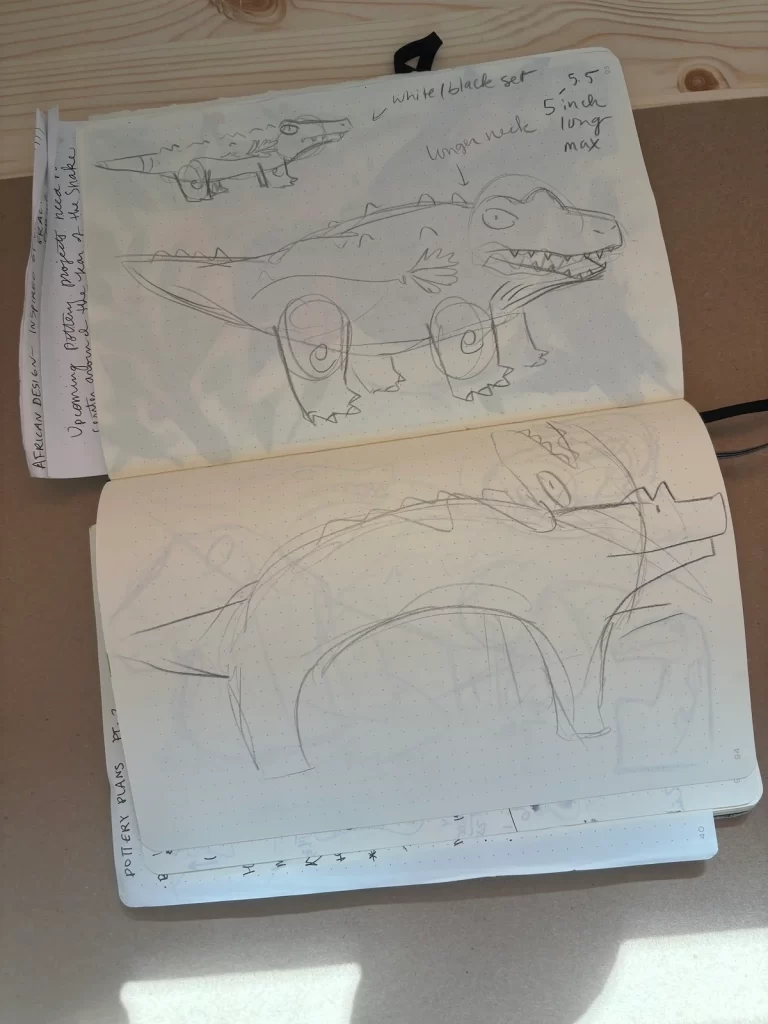 Rough sketches of an alligator totem