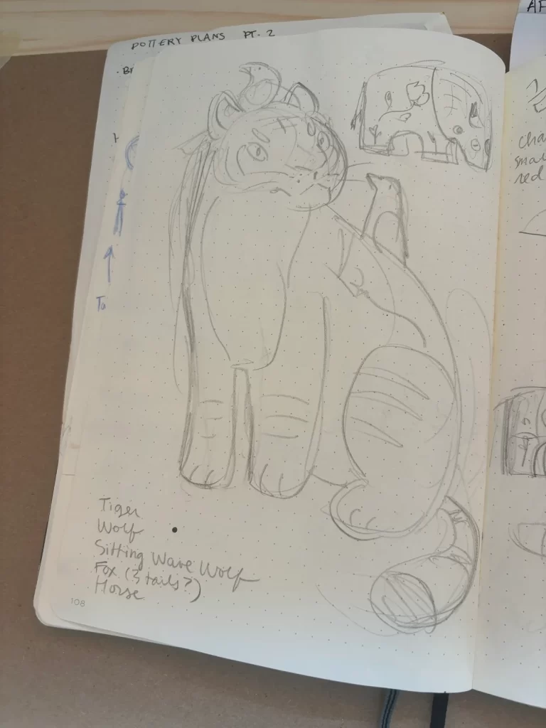 Rough sketch of a tiger sculpture with birds on it