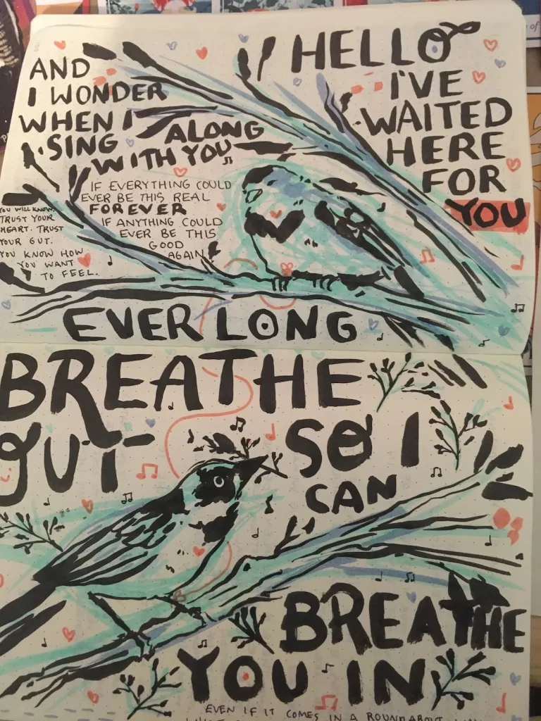Marker and ink sketch of two birds on branches. One is bringing the other an offering and there is a red thread of fate tied to the legs of both birds. Filling the gaps of the page are lyrics to the Foo Fighter's Everlong.