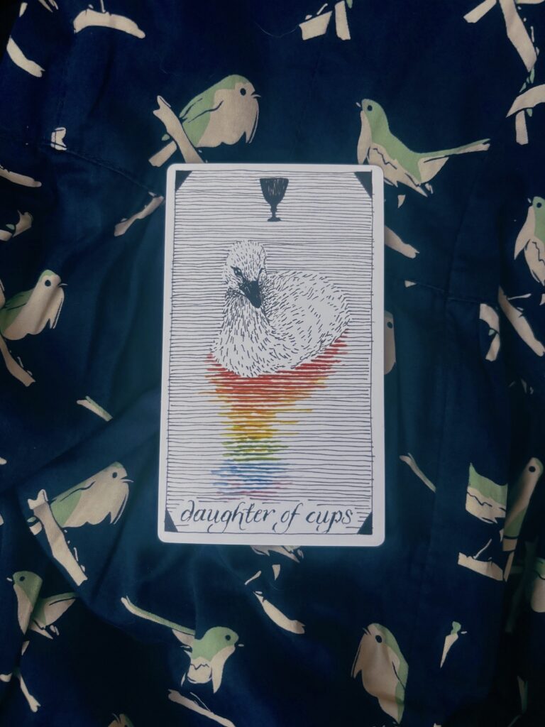 Wild Unknown Daughter of Cups tarot card sitting on top of a navy blue, bird print fabric featuring a baby swan swimming with a rainbow reflect amongst the black and white lines, and a silhouetted cup floating atop her head.