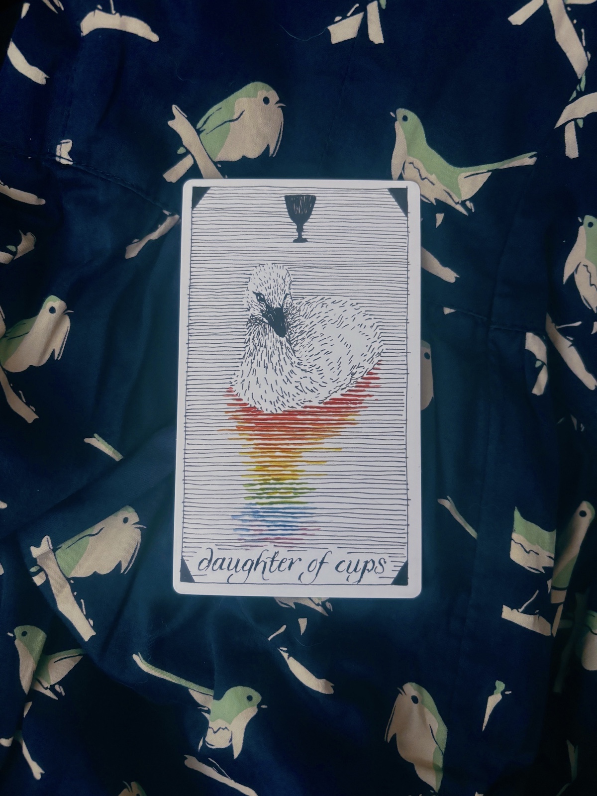 Wild Unknown Daughter of Cups tarot card sitting on top of a navy blue, bird print fabric featuring a baby swan swimming with a rainbow reflect amongst the black and white lines, and a silhouetted cup floating atop her head.