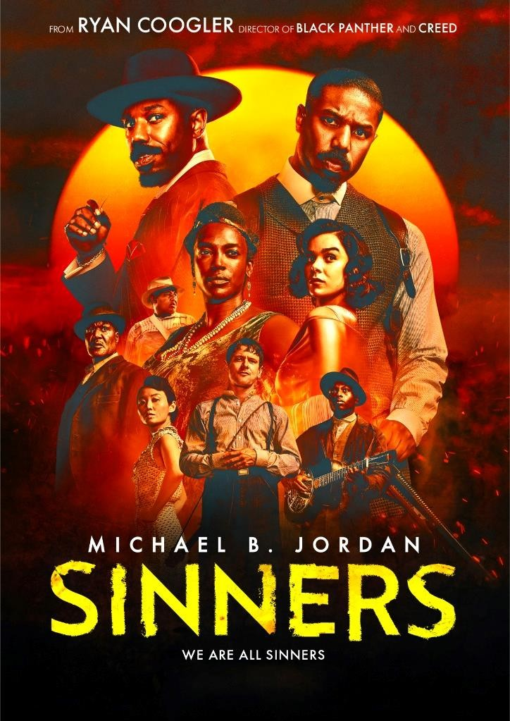 Film poster for sinners showing the cast of main characters in a beautiful sunset of colours—vibrant oranges, reds, yellows, against a dark background as a large sun sets behind them.