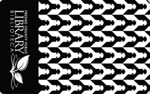A photo of the limited edition Fresno Nightcrawler themed library card. It is black and white with a repeated Nightcrawler pattern reminiscent of the art deco movement.