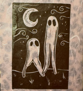 A relief print done with black ink showing two Fresno Nightcrawlers taking a midnight stroll