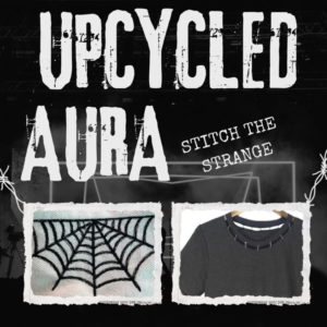 An image showing some of Upcycled Aura's modified gothic-inspired clothing such as a spider webbed embroidery design, and a black t-shirt with a collar attached with safety pins.
